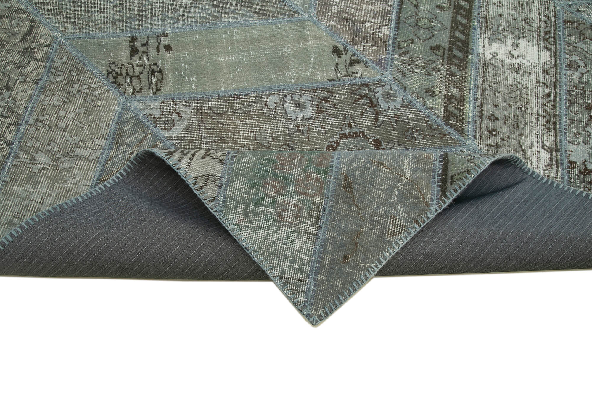 Handmade Wool Area Rug - Kirk Yama Grey Patchwork Rug 8'1'' x 10'1'' Cotton Wool Carpet