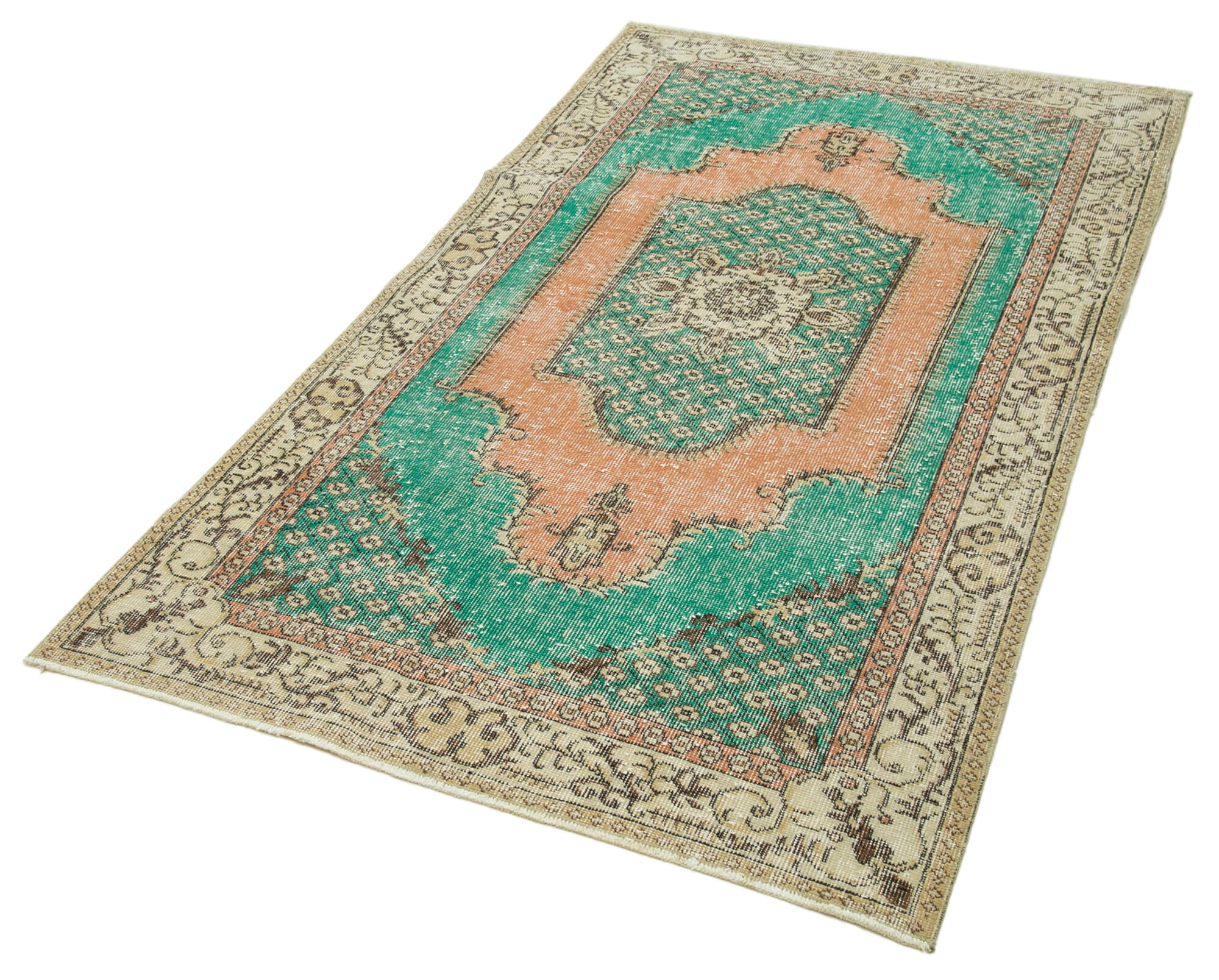 Vintage Handmade Area Rug – Overdyed Green Wool Cotton Blend Hand Knotted Carpet 3'8''x6'10''
