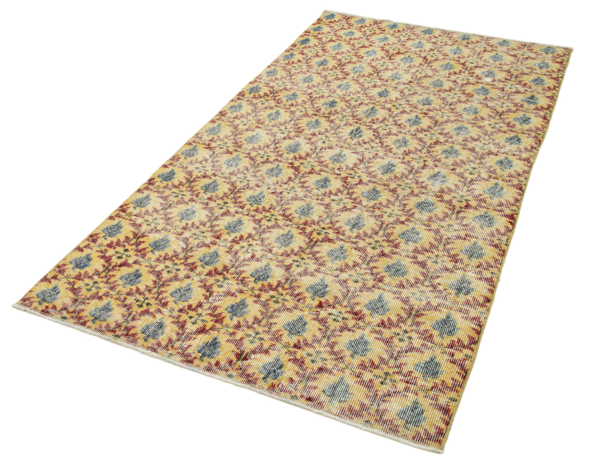 Handmade Vintage Area Rug – Overdyed Wool Rug | Yellow 3'10''x7'0'' Cotton Blend