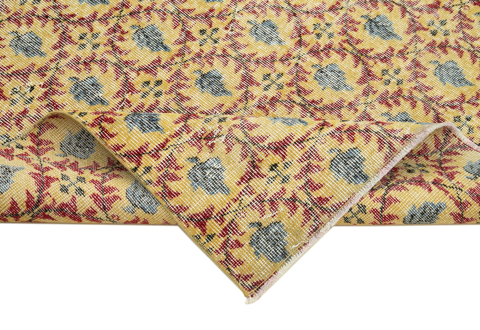Handmade Vintage Area Rug – Overdyed Wool Rug | Yellow 3'10''x7'0'' Cotton Blend