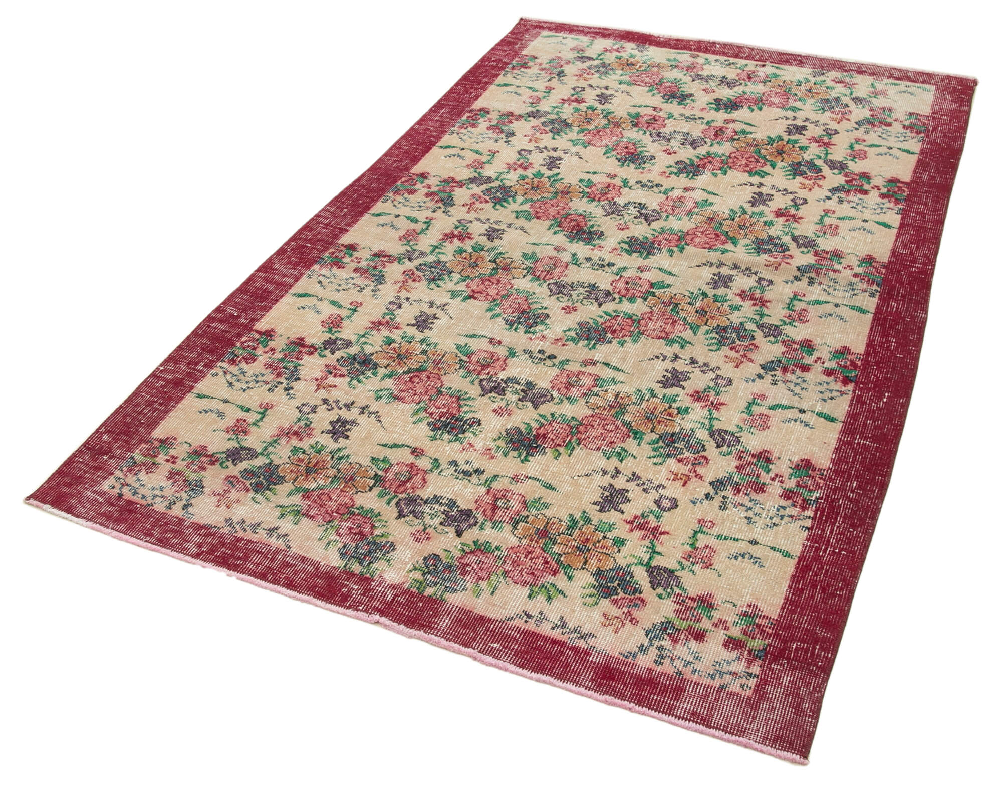 Vintage Area Rug - Handmade Wool Rug Overdyed Red Cotton Wool Carpet 4'0''x6'11''