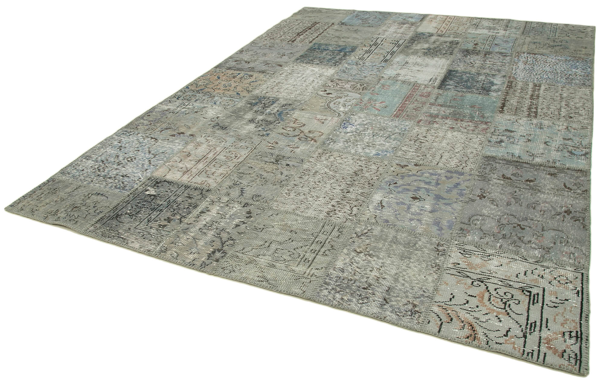 Handmade Patchwork Rug - Kirk Yama Grey Cotton Wool Vintage Area Carpet 8'3''x11'6''