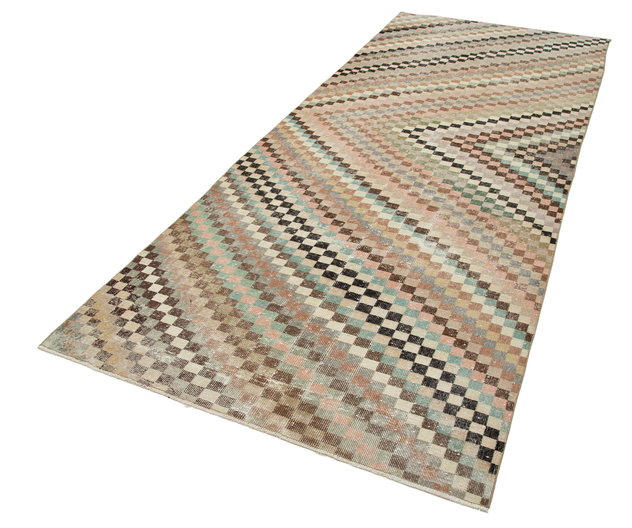 Handmade Area Rug - Checkered Runner Beige Geometric Cotton Wool Rug 4'8" x 11'3"