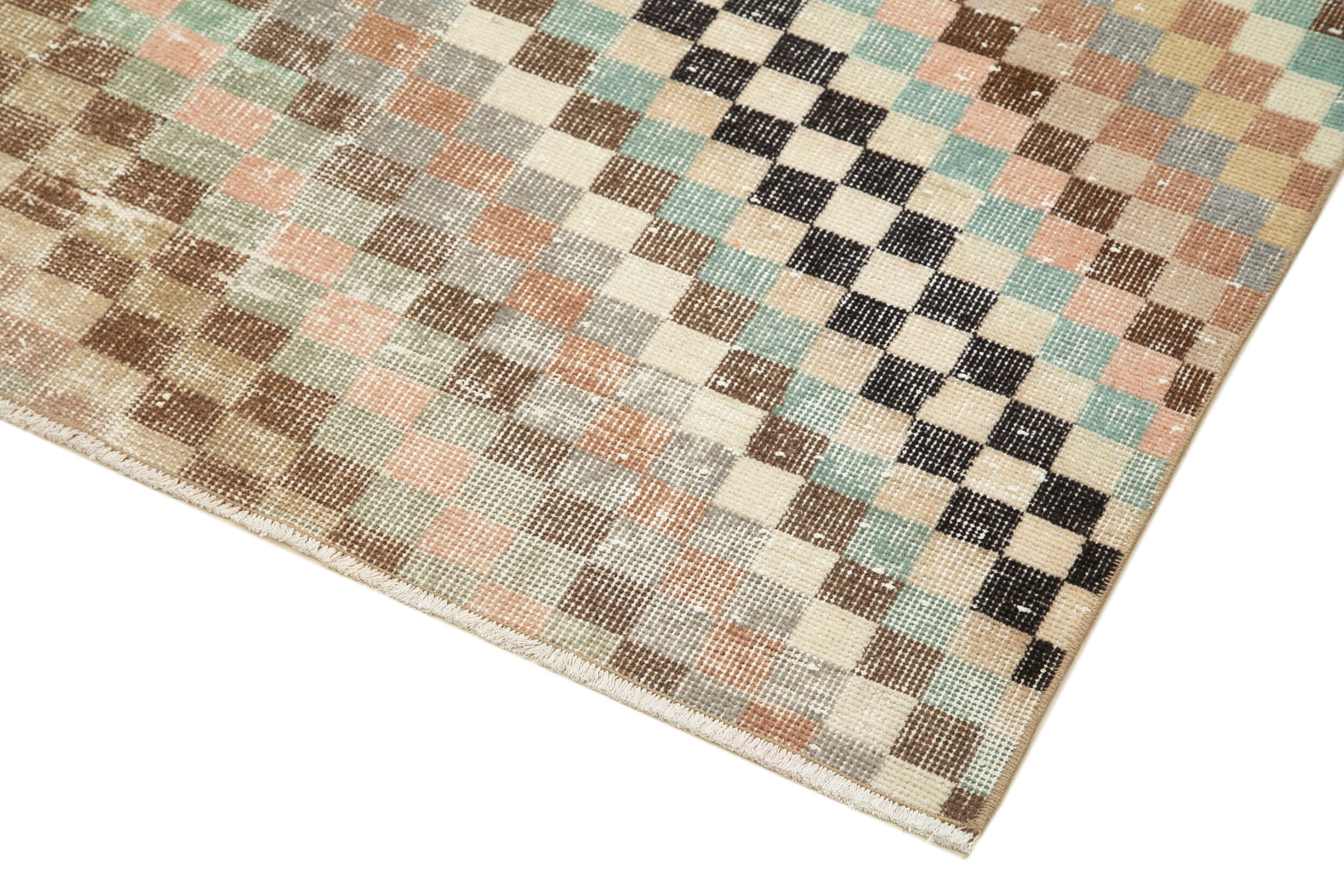 Handmade Area Rug - Checkered Runner Beige Geometric Cotton Wool Rug 4'8" x 11'3"