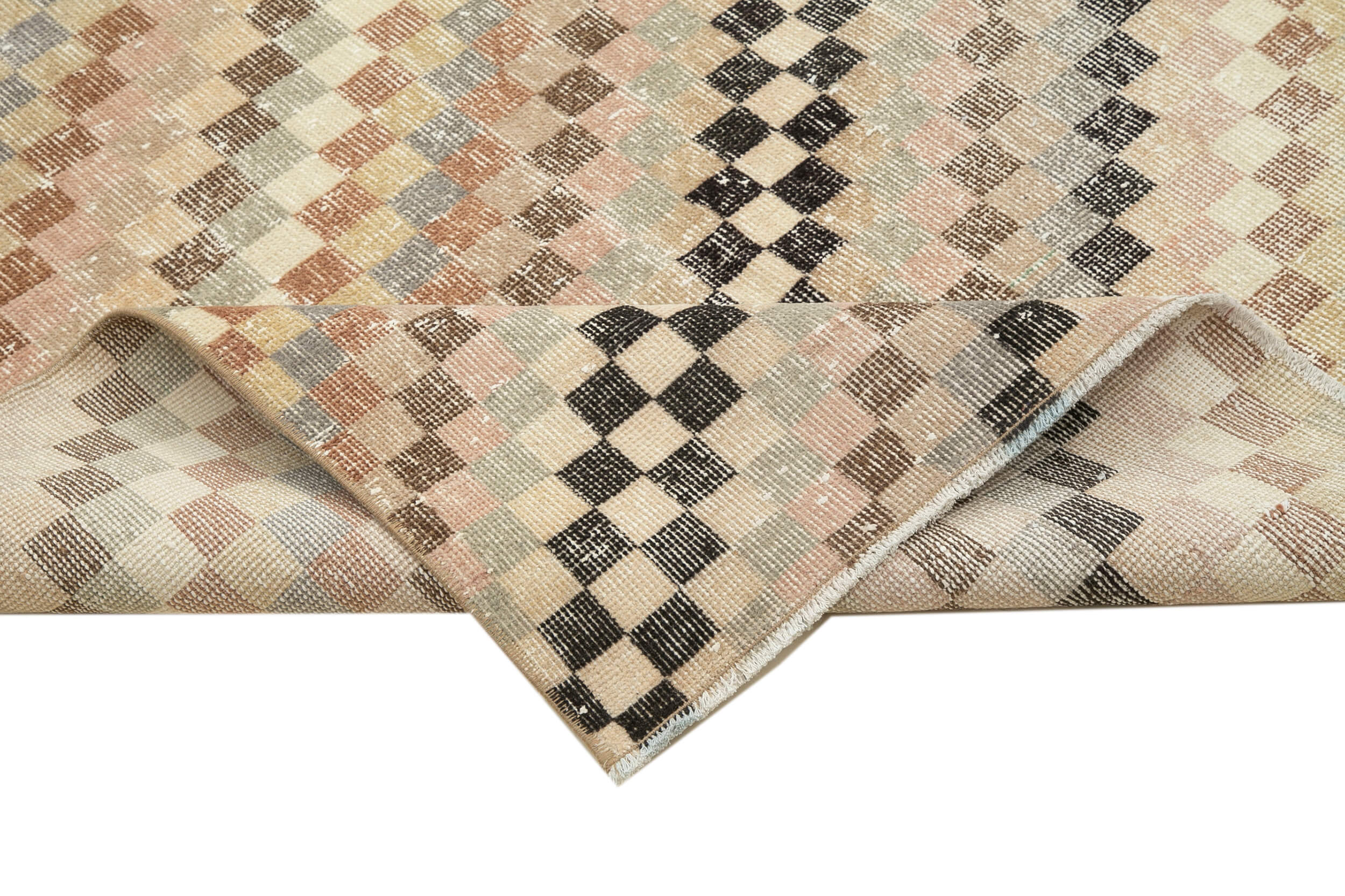Handmade Area Rug - Checkered Runner Beige Geometric Cotton Wool Rug 4'8" x 11'3"