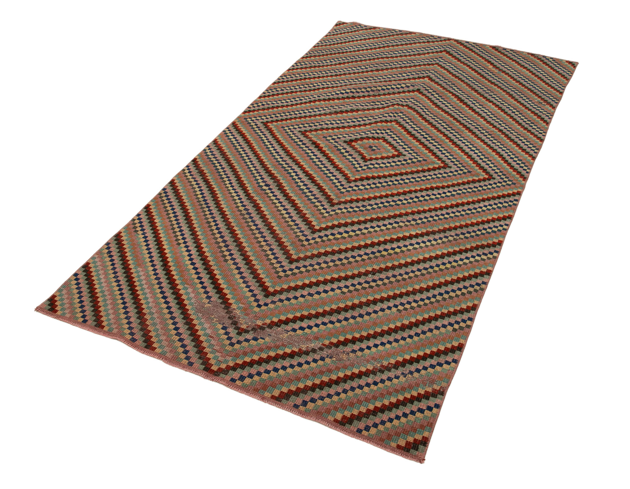 Handmade Cotton Wool Rug - Checkered Runner 4'1''x8'4'' | Geometric Pattern Rug by Agacan