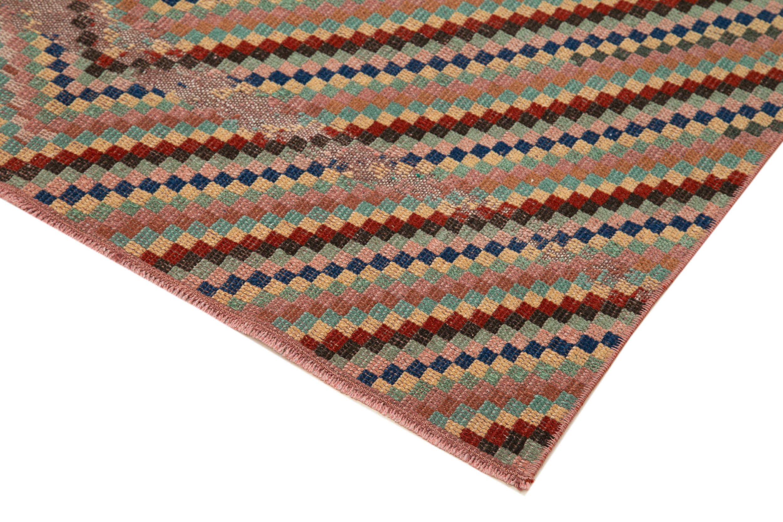 Handmade Cotton Wool Rug - Checkered Runner 4'1''x8'4'' | Geometric Pattern Rug by Agacan