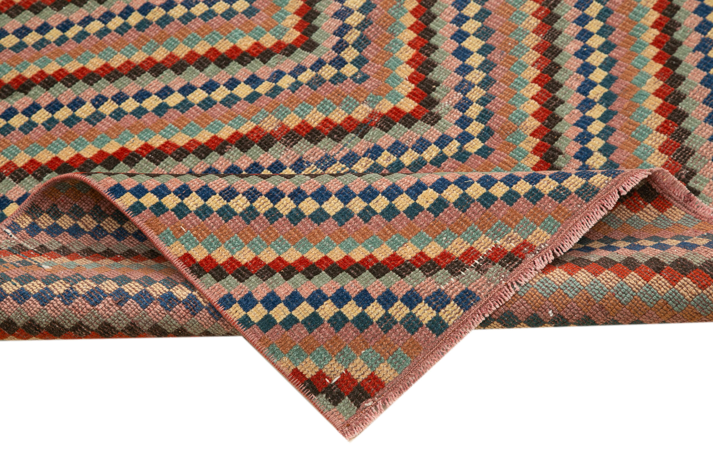 Handmade Cotton Wool Rug - Checkered Runner 4'1''x8'4'' | Geometric Pattern Rug by Agacan