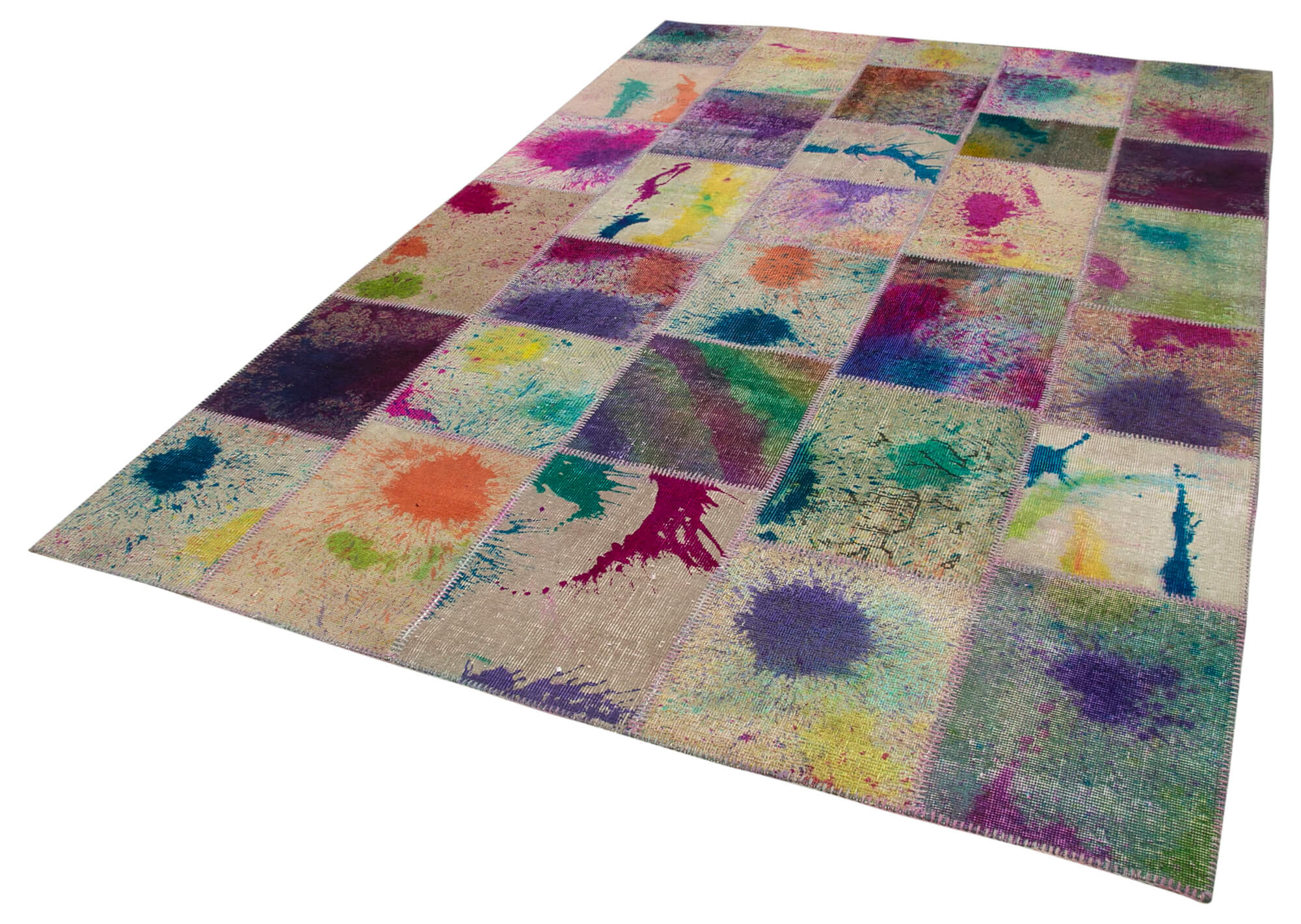 Handmade Wool Area Rug - Kirk Yama Grey Patchwork Carpet 6'7''x9'10'' Cotton Wool
