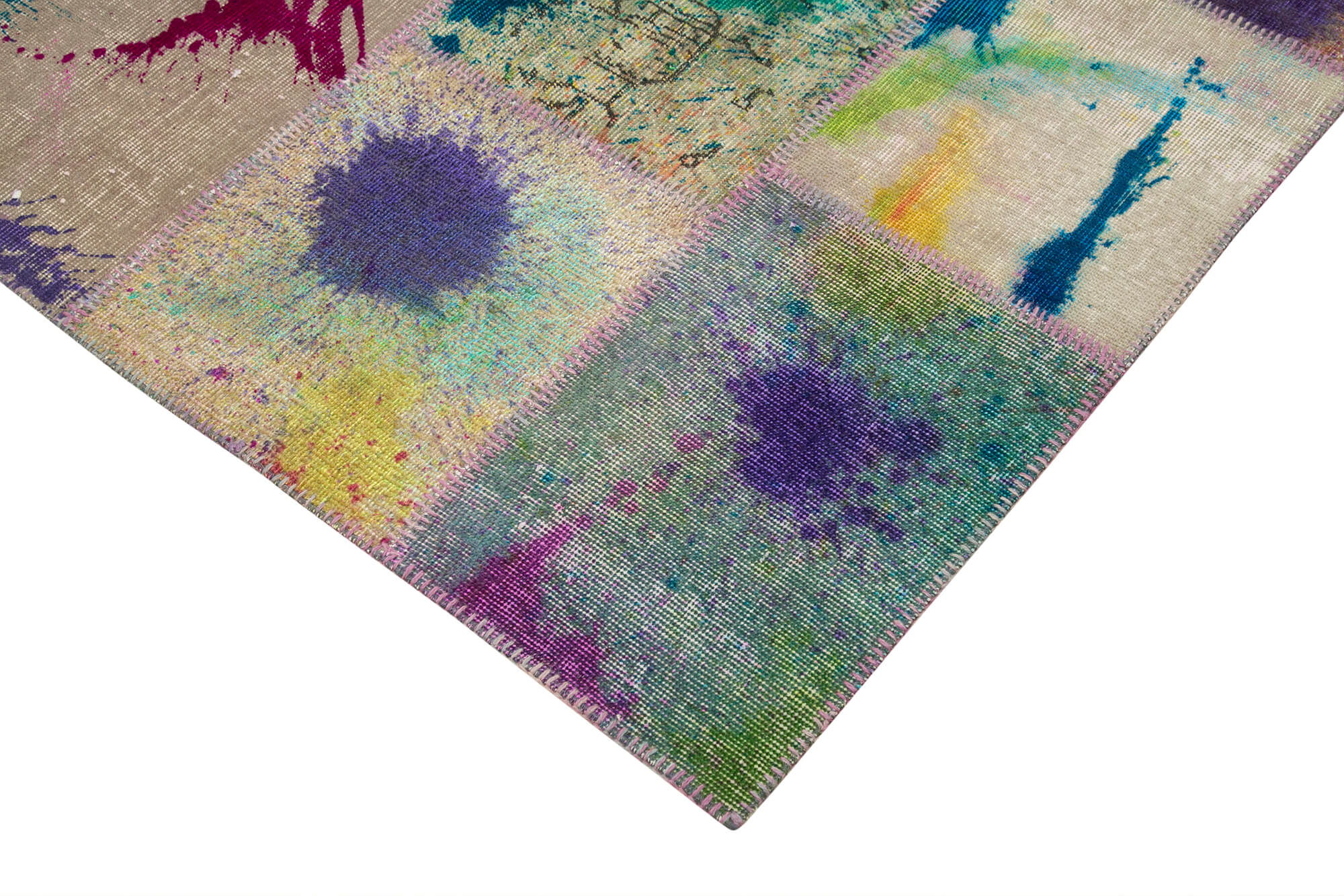 Handmade Wool Area Rug - Kirk Yama Grey Patchwork Carpet 6'7''x9'10'' Cotton Wool