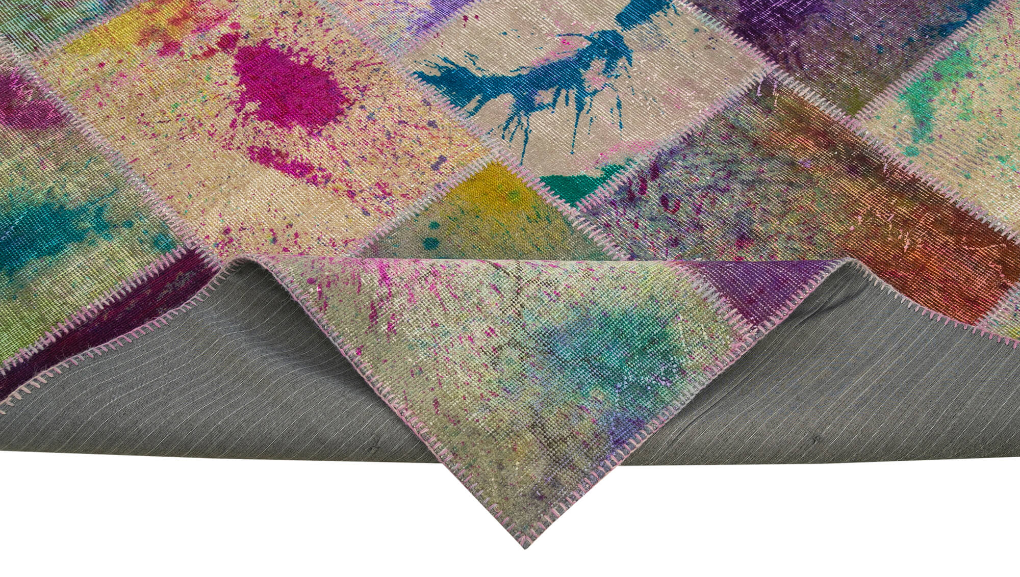 Handmade Wool Area Rug - Kirk Yama Grey Patchwork Carpet 6'7''x9'10'' Cotton Wool