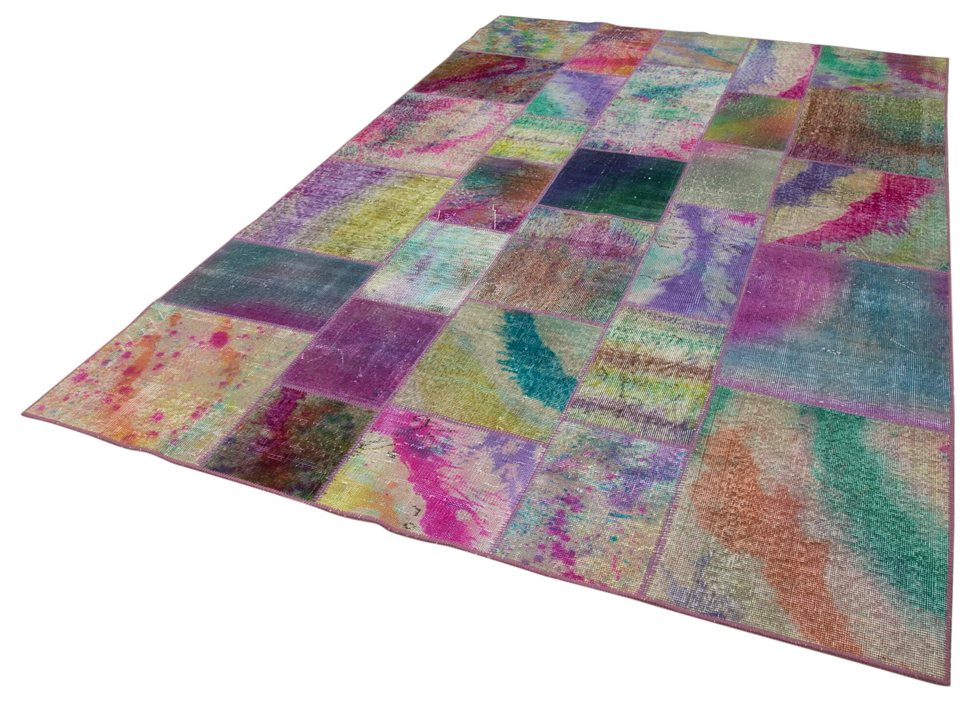 Handmade Wool Area Rug - Grey Patchwork Vintage Turkish Carpet 6'6''x9'10''