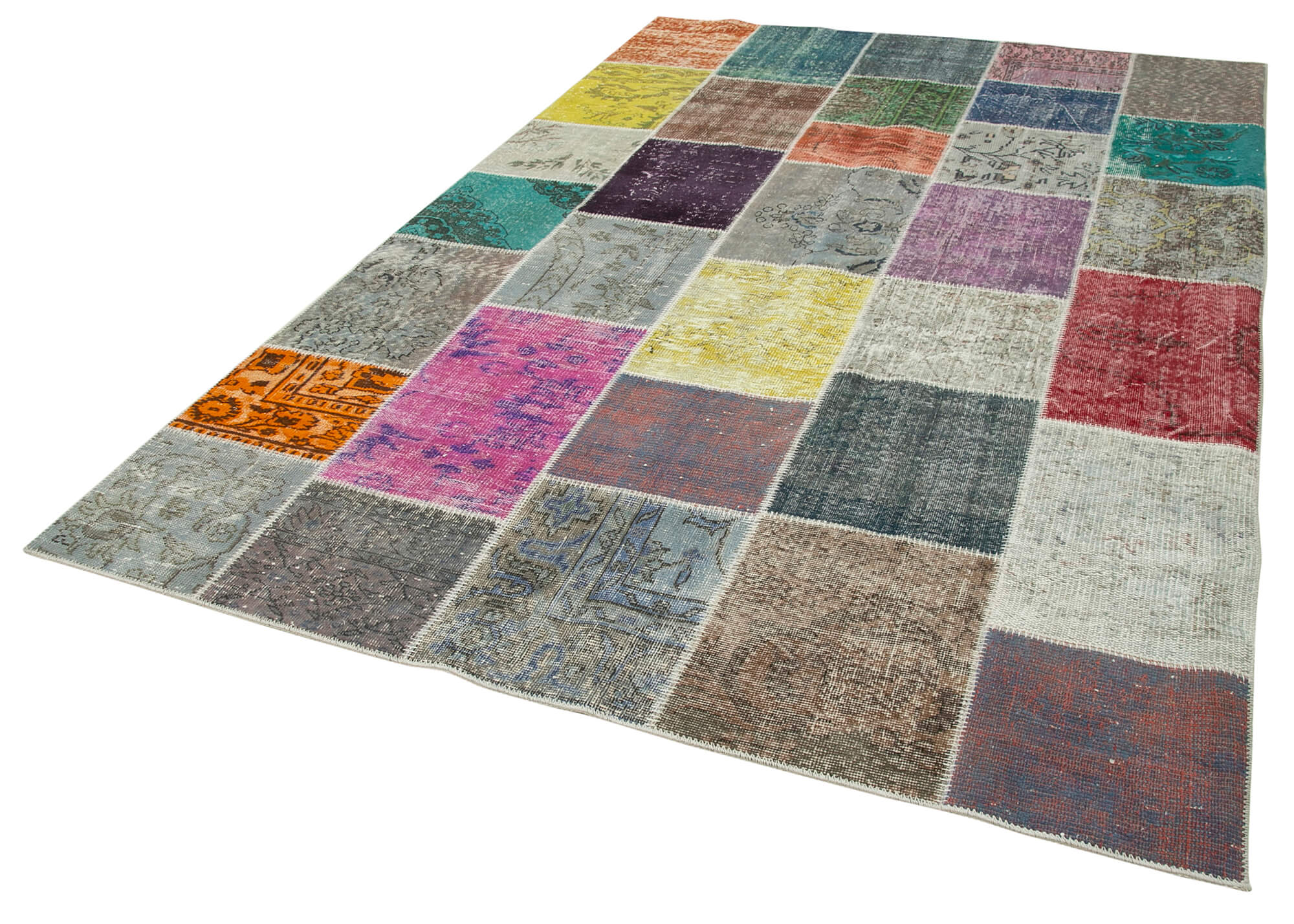 Handmade Wool Area Rug - Kirk Yama Grey Patchwork Cotton Wool Rug 6x9 Feet