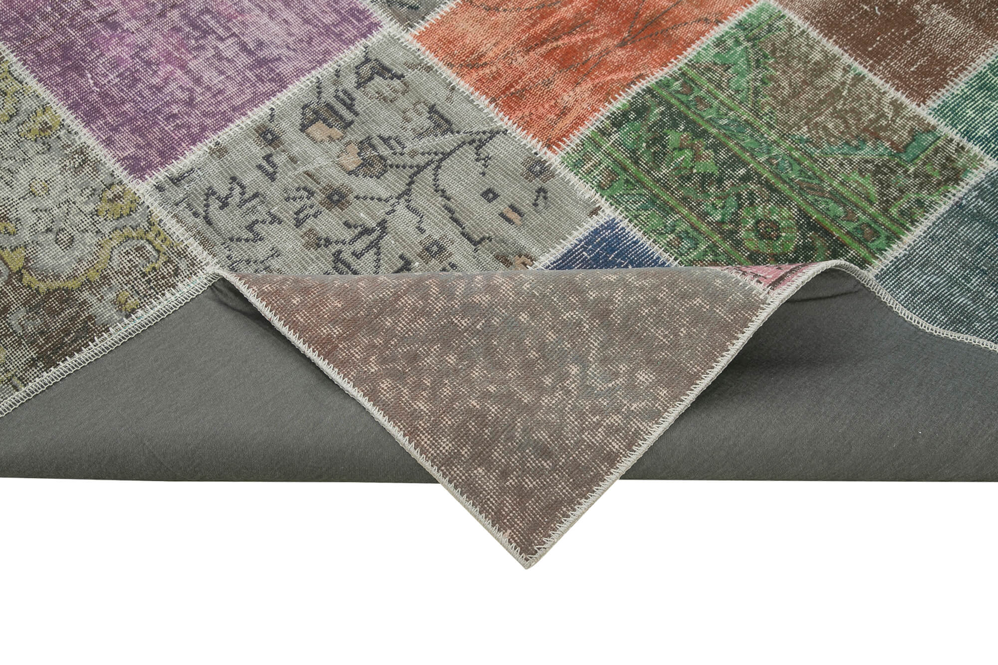 Handmade Wool Area Rug - Kirk Yama Grey Patchwork Cotton Wool Rug 6x9 Feet