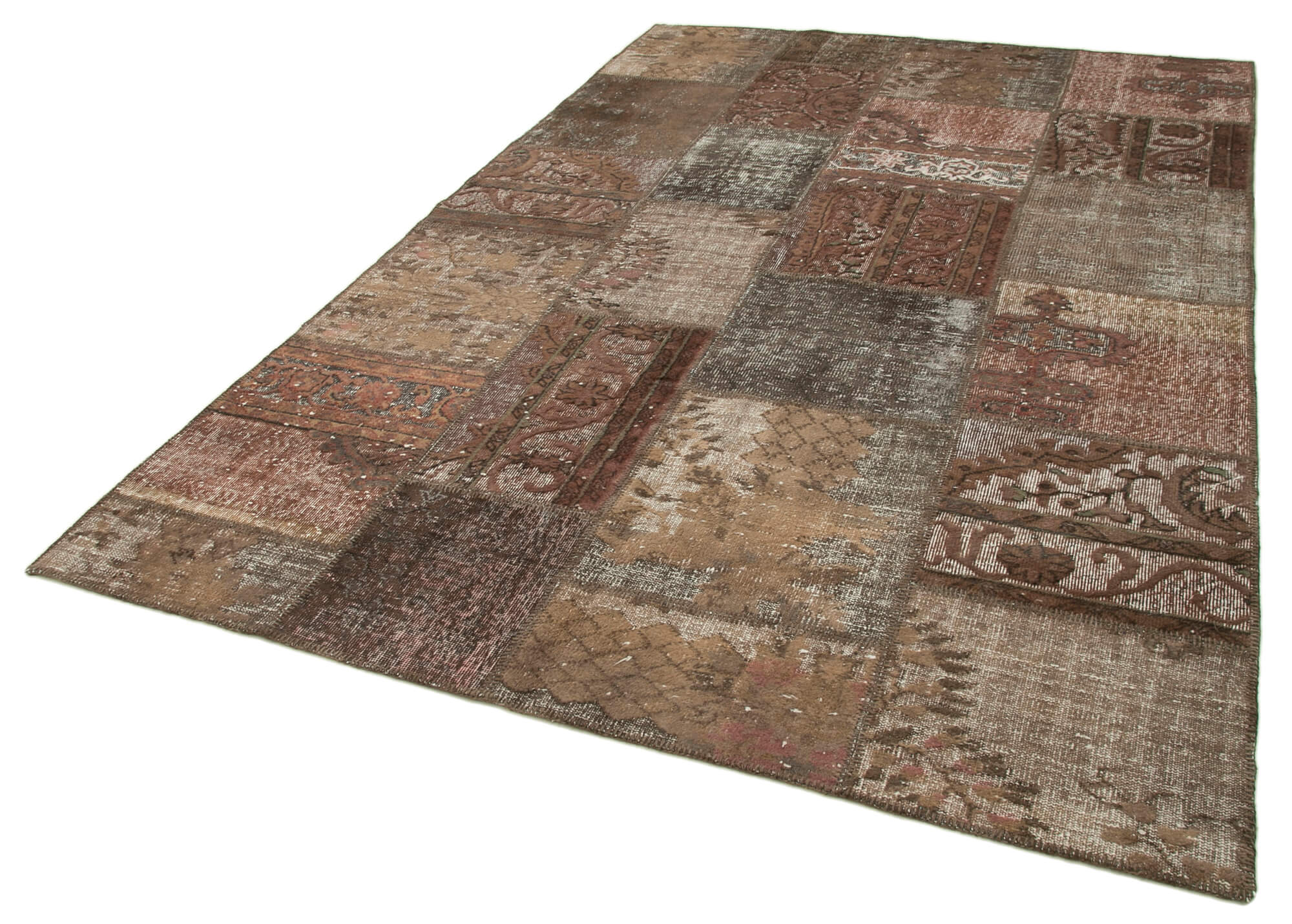 Handmade Patchwork Area Rug - Brown Patchwork Carpet, Soft Wool & Durable Cotton