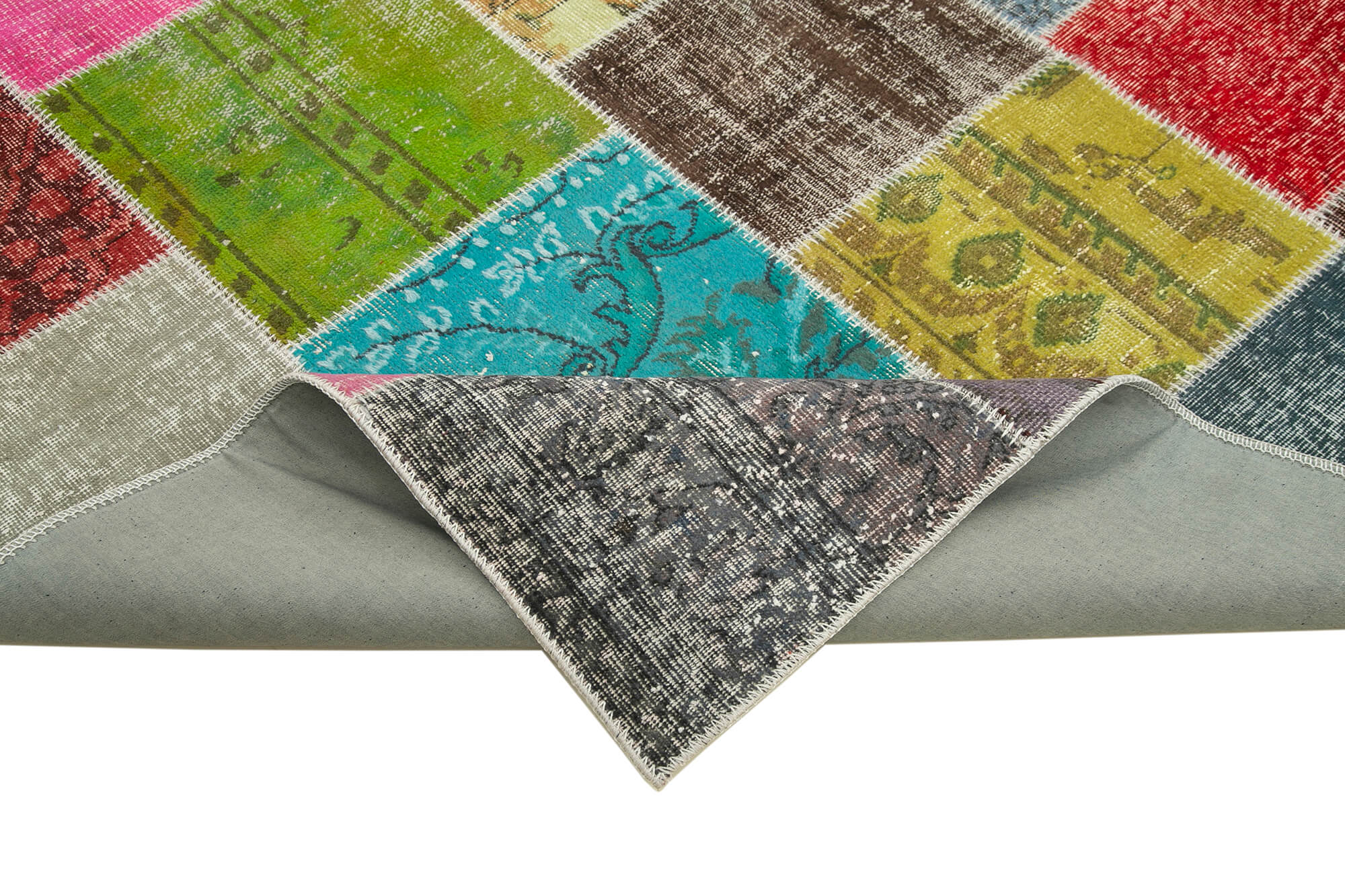 Handmade Wool Area Rug - Kirk Yama Grey Patchwork Cotton Wool Rug 6'9"x9'10"