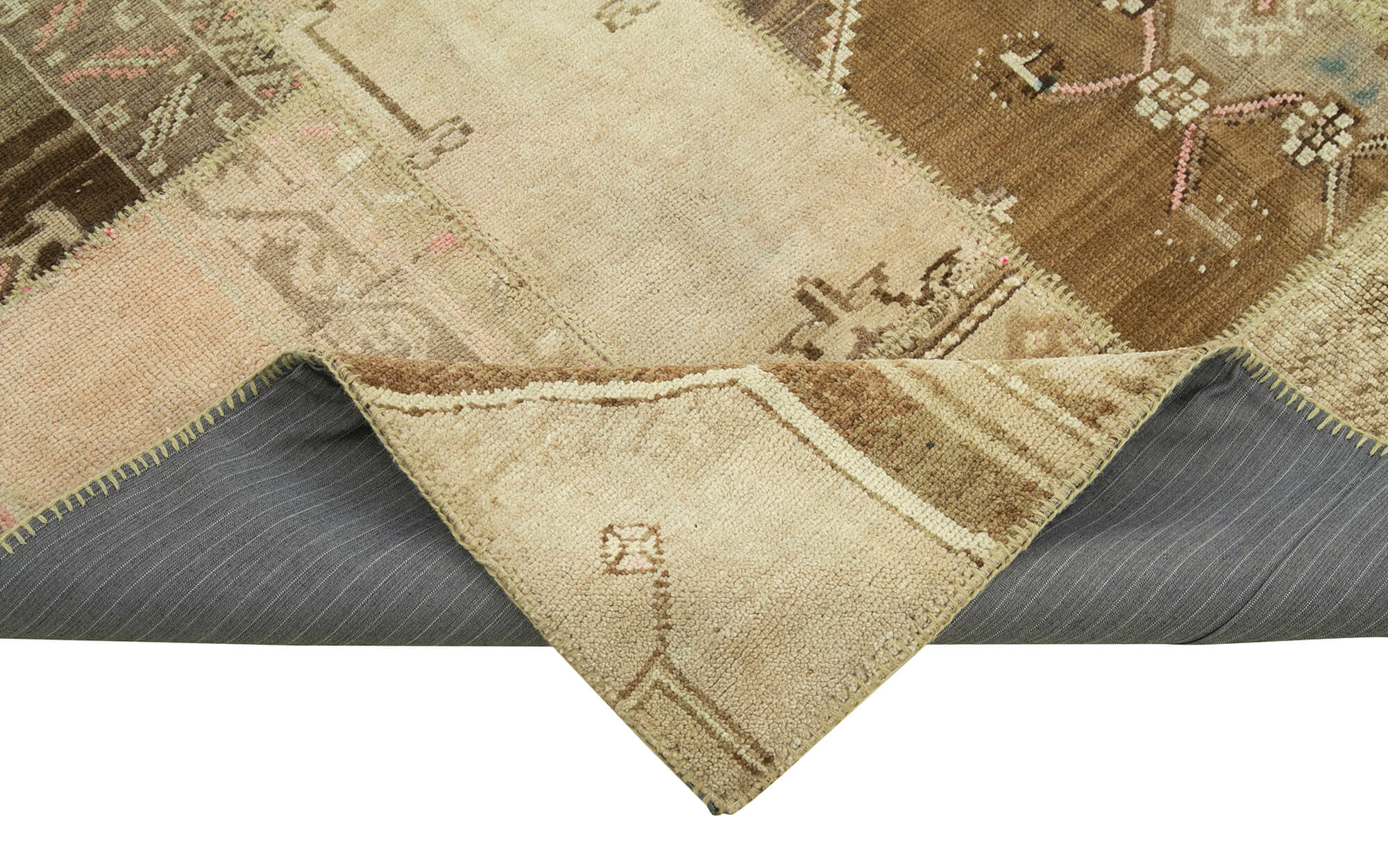 Handmade Area Rug - Beige Patchwork Cotton Wool Vintage Carpet 6'8'' x 9'11''