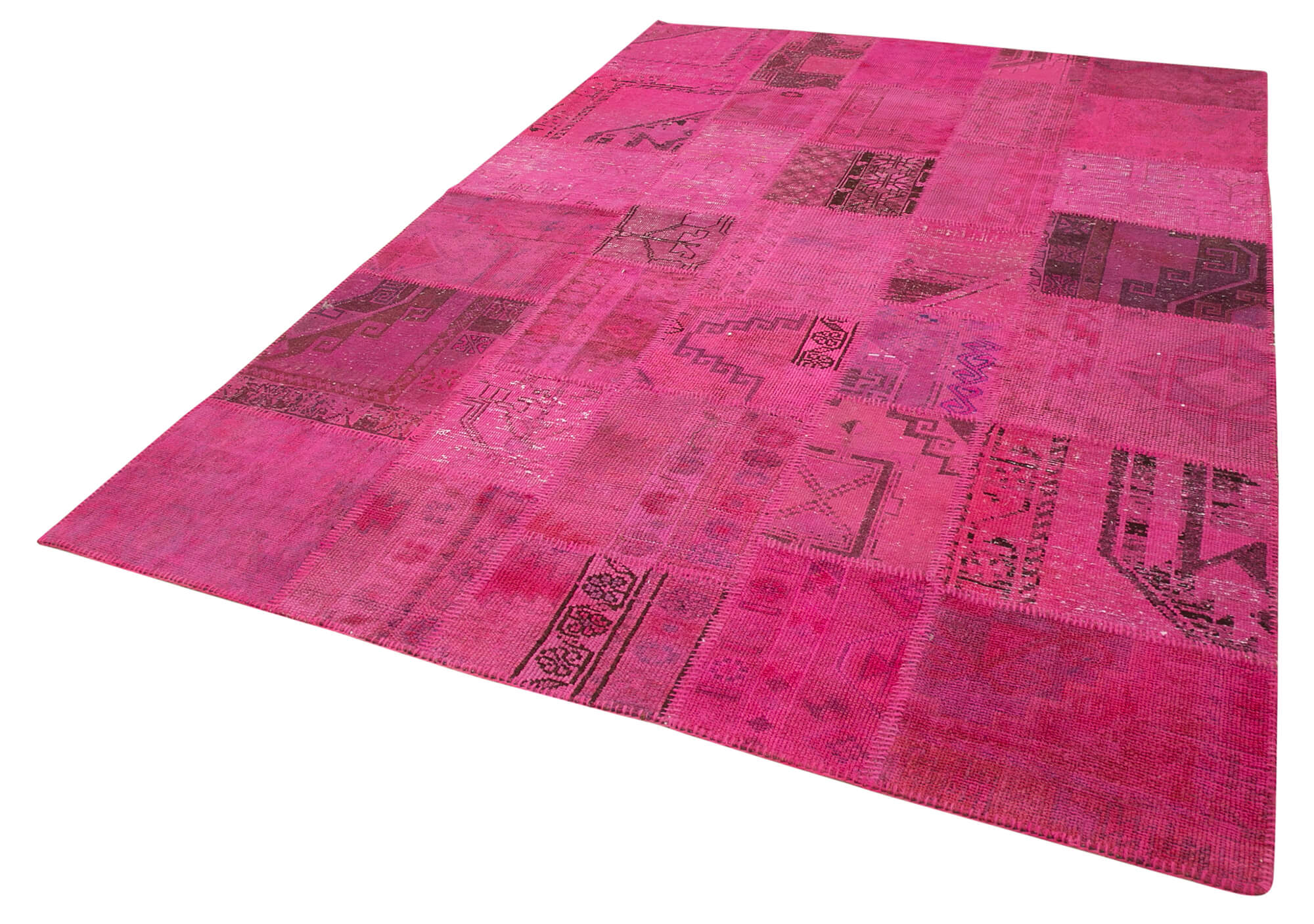 Handmade Area Rug - Pink Patchwork Cotton Wool Vintage Turkish Carpet 6'8''x9'11''