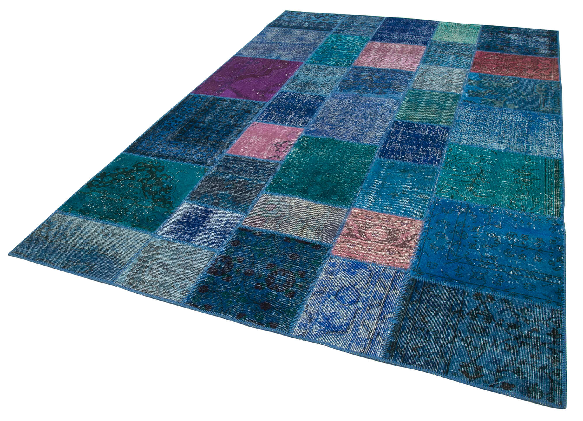 Handmade Patchwork Rug – Blue Area Rug Cotton Wool 6'8''x9'10'' Soft Textured