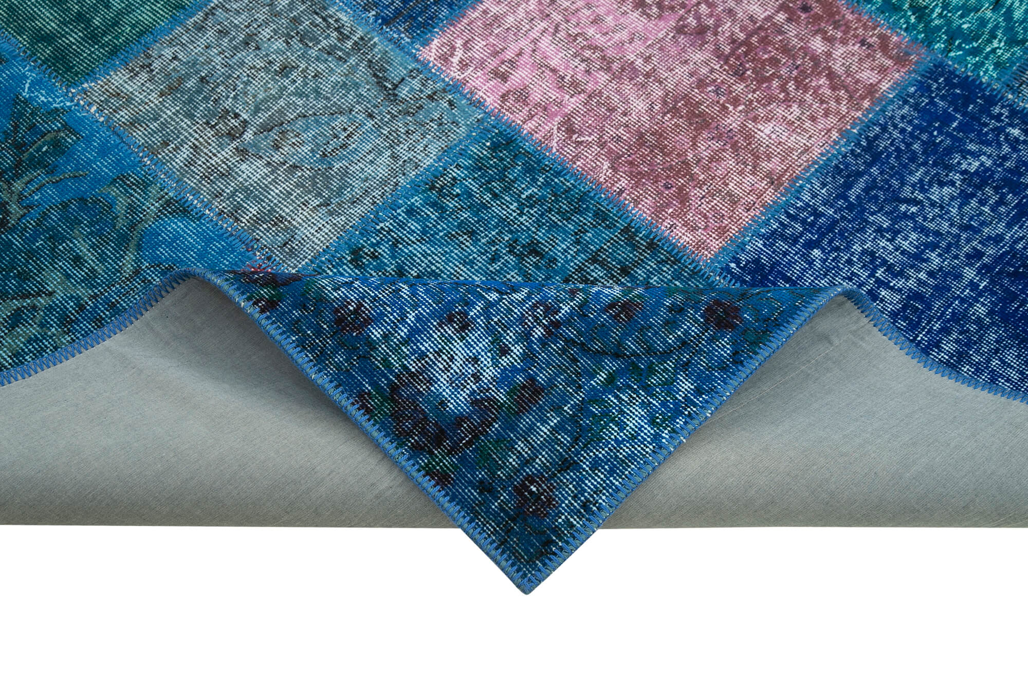 Handmade Patchwork Rug – Blue Area Rug Cotton Wool 6'8''x9'10'' Soft Textured
