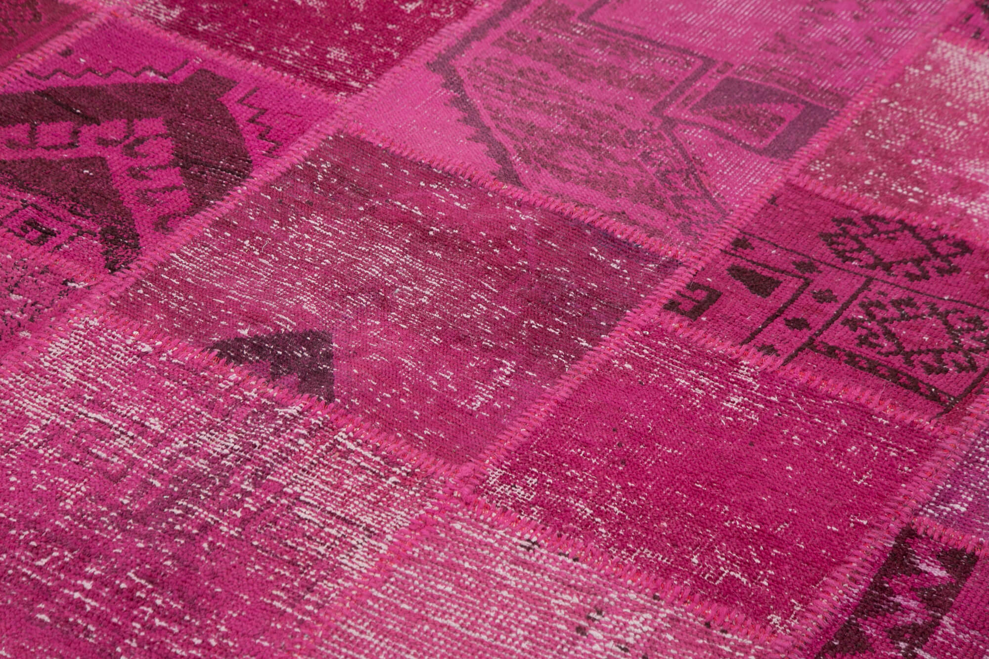 Handmade Area Rug - Pink Patchwork Cotton Wool Vintage Hand Woven Carpet 6'7''x10'