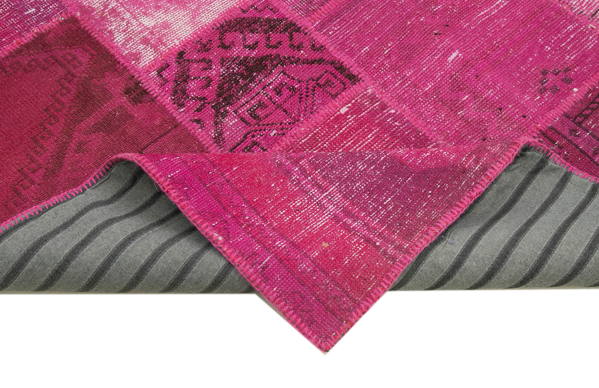 Handmade Area Rug - Pink Patchwork Cotton Wool Vintage Hand Woven Carpet 6'7''x10'