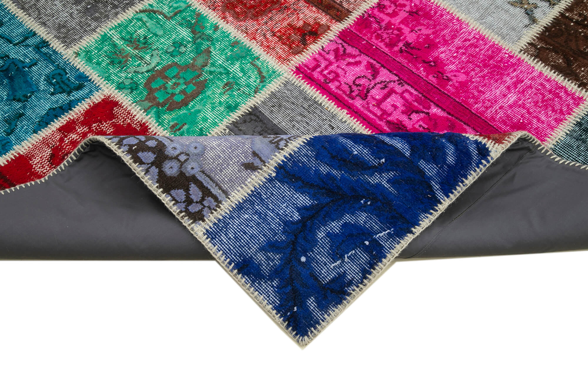 Handmade Area Rug - Blue Patchwork Cotton Wool Vintage Turkish Carpet 6'8''x10'