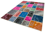 Handmade Patchwork Rug - Blue Patchwork Carpet Cotton Wool Vintage Area Rug 6'8''x9'11''