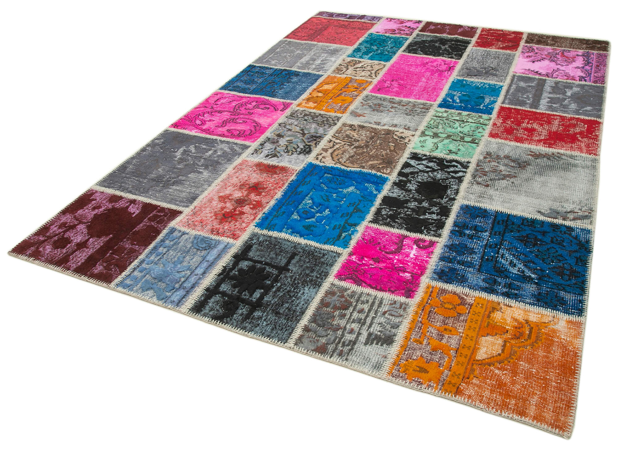Handmade Patchwork Rug - Blue Patchwork Carpet Cotton Wool Vintage Area Rug 6'8''x9'11''