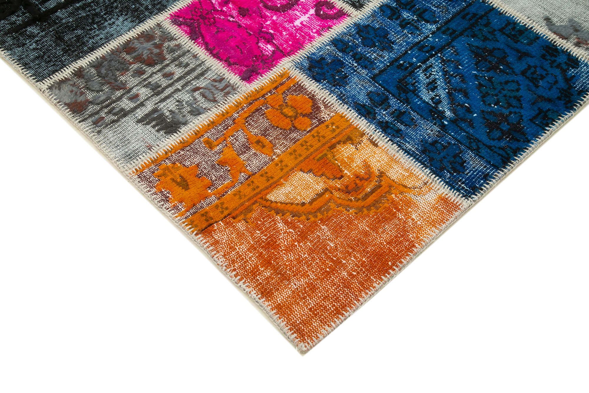 Handmade Patchwork Rug - Blue Patchwork Carpet Cotton Wool Vintage Area Rug 6'8''x9'11''