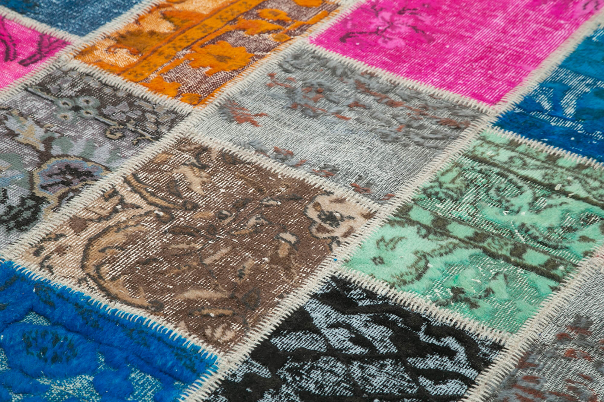 Handmade Patchwork Rug - Blue Patchwork Carpet Cotton Wool Vintage Area Rug 6'8''x9'11''