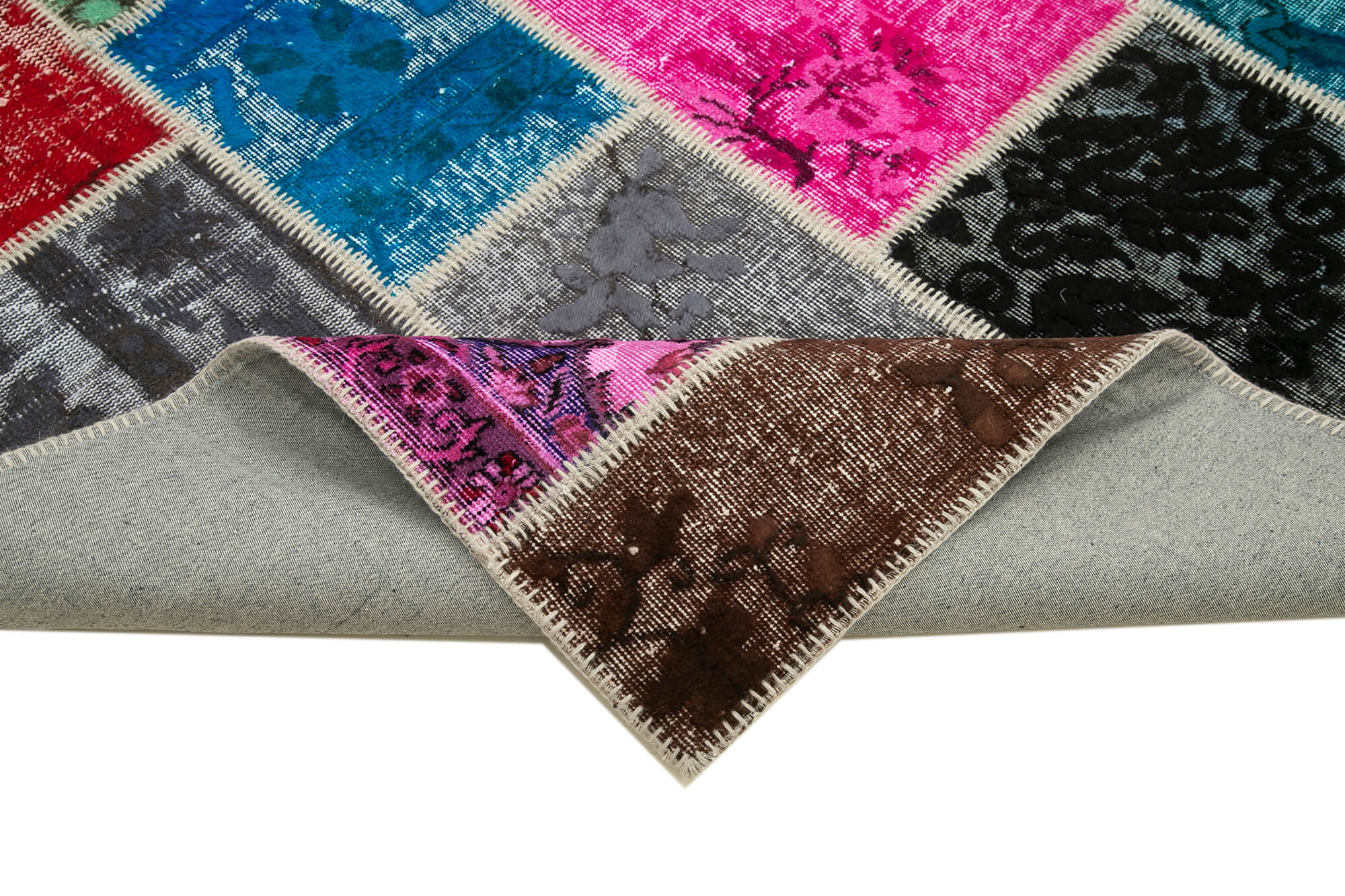 Handmade Patchwork Rug - Blue Patchwork Carpet Cotton Wool Vintage Area Rug 6'8''x9'11''