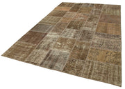 Handmade Wool Area Rug - Vintage Brown Patchwork Cotton Wool Rug 6'6" x 9'10"