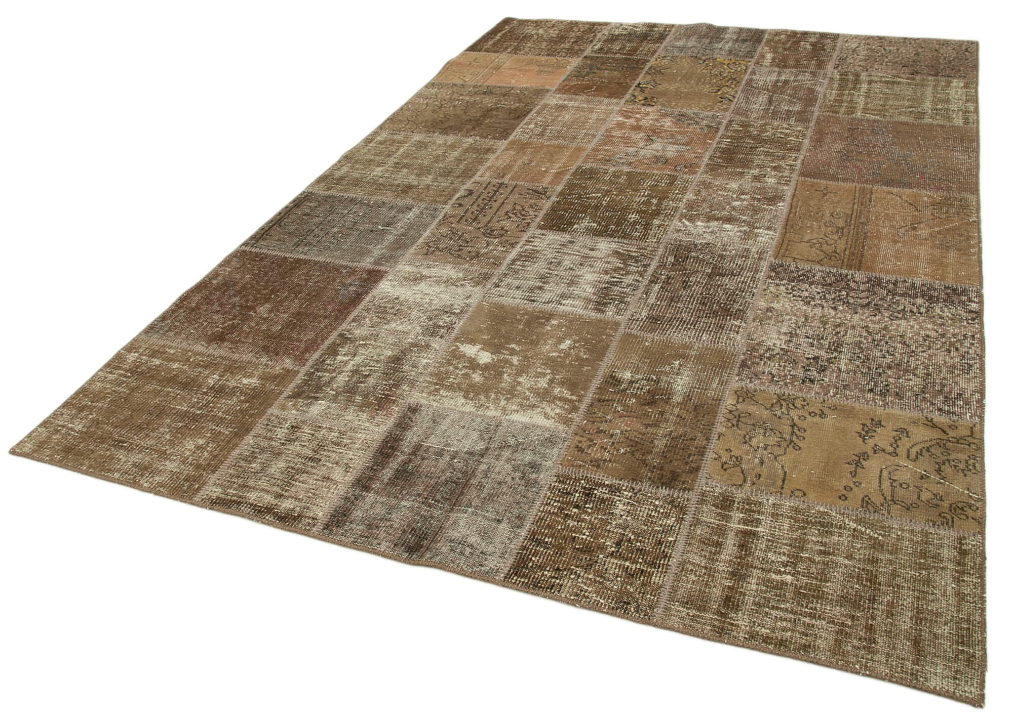 Handmade Wool Area Rug - Vintage Brown Patchwork Cotton Wool Rug 6'6" x 9'10"