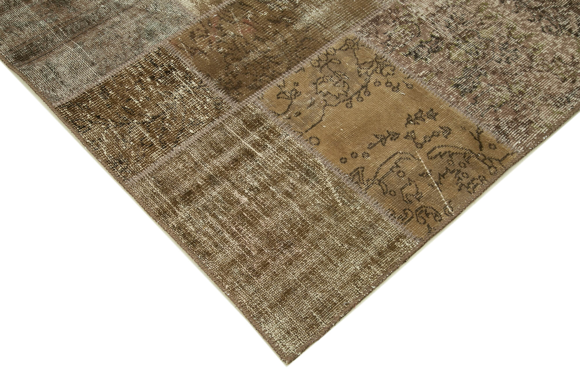 Handmade Wool Area Rug - Vintage Brown Patchwork Cotton Wool Rug 6'6" x 9'10"