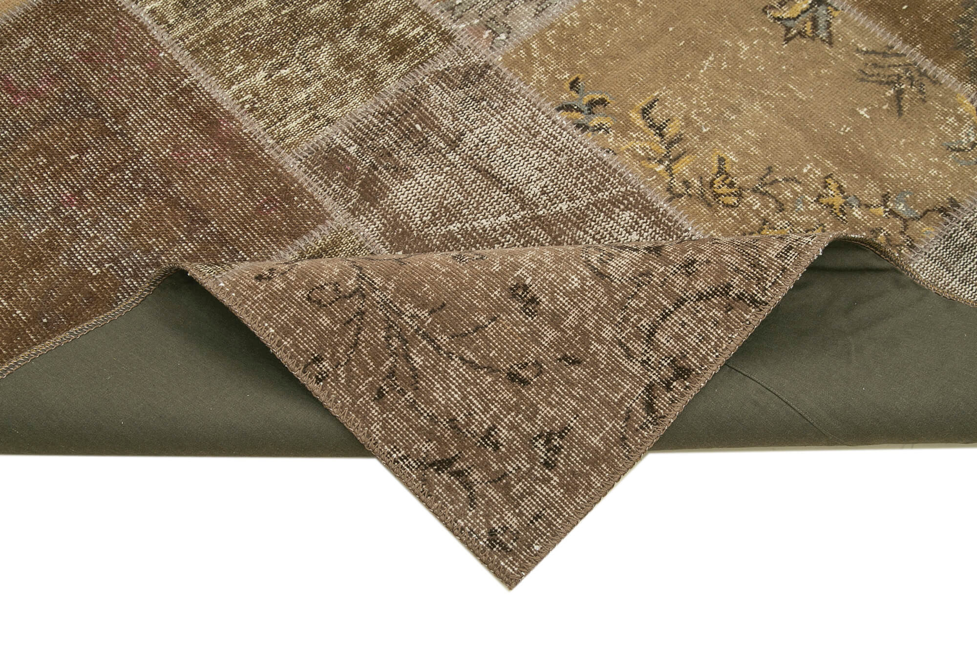 Handmade Wool Area Rug - Vintage Brown Patchwork Cotton Wool Rug 6'6" x 9'10"