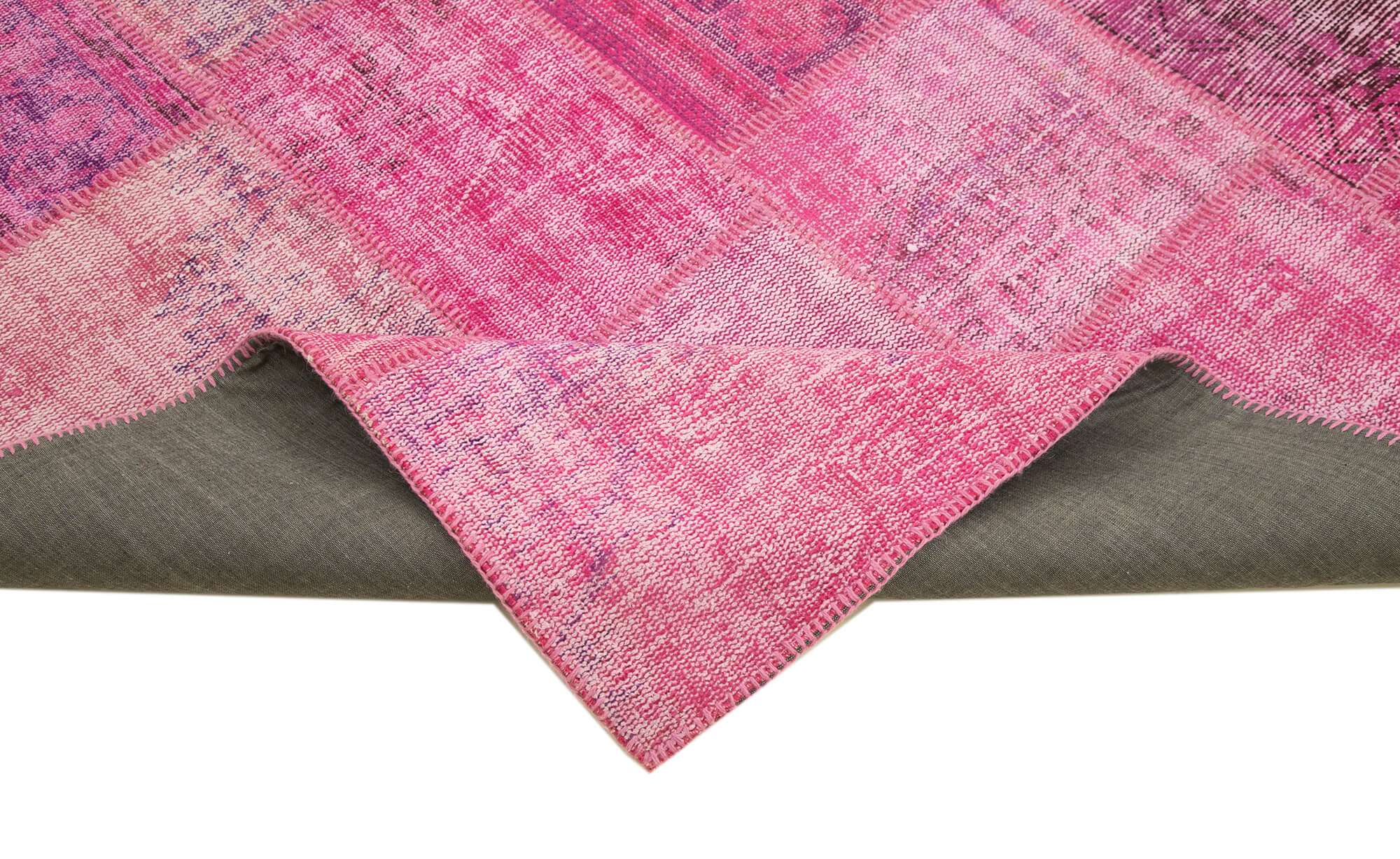 Handmade Area Rug - Pink Patchwork Cotton Wool Vintage Handwoven Carpet 6'9" x 9'11"