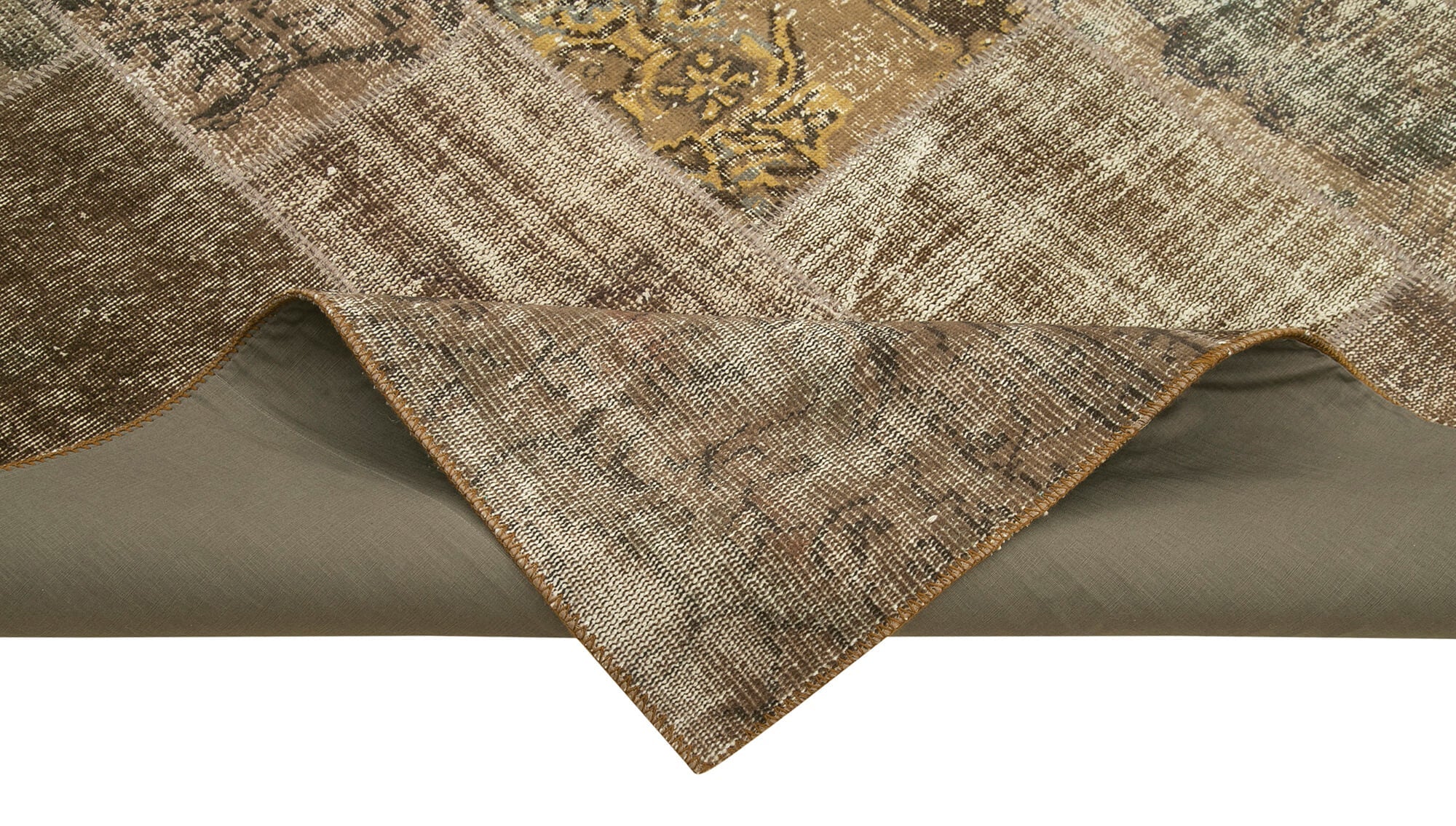 Handmade Area Rug – Brown Patchwork Cotton Wool Vintage Turkish Carpet 6'6"x9'10"