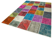 Handmade Patchwork Rug - Kirk Yama Blue Cotton Wool Vintage Area Carpet 6'8"x9'10"