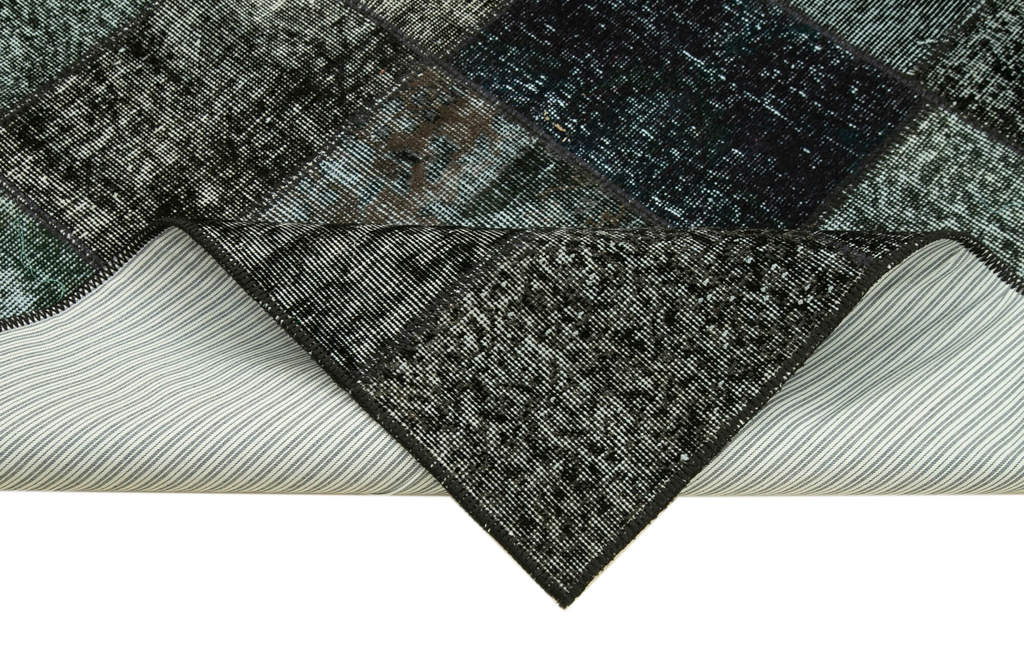 Handmade Area Rug – Black Patchwork Carpet 4'9"x6'8" Wool Cotton Vintage Style