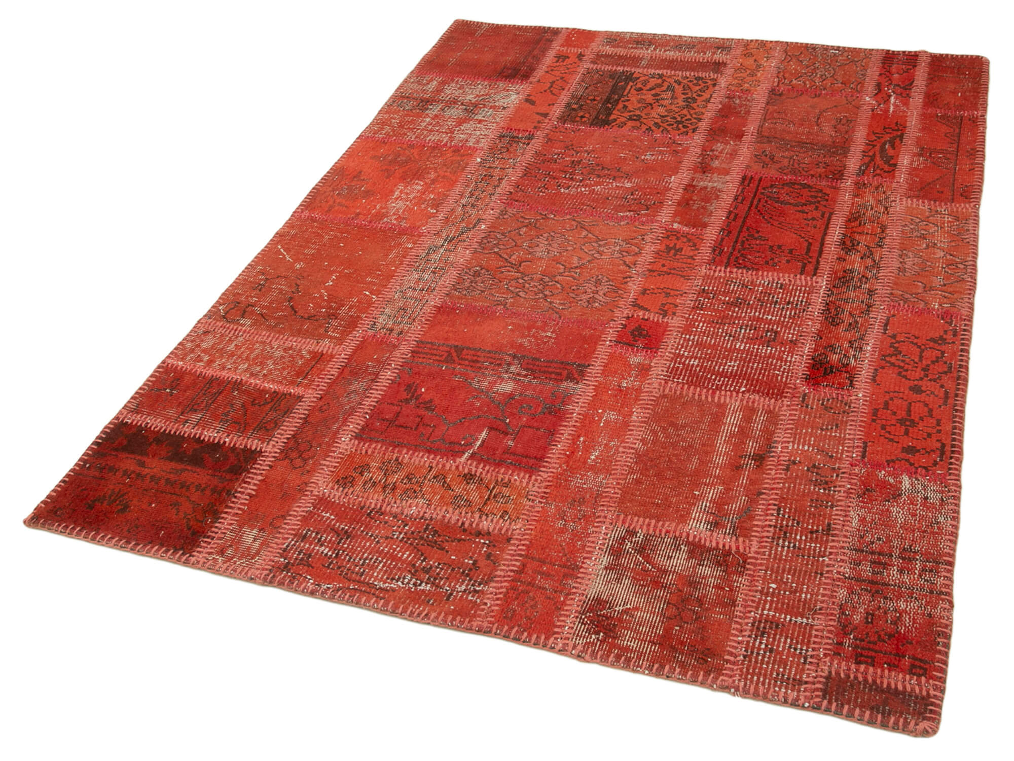 Handmade Wool Area Rug – Kirk Yama Red Patchwork Carpet 4'5''x6'3'' Cotton Wool