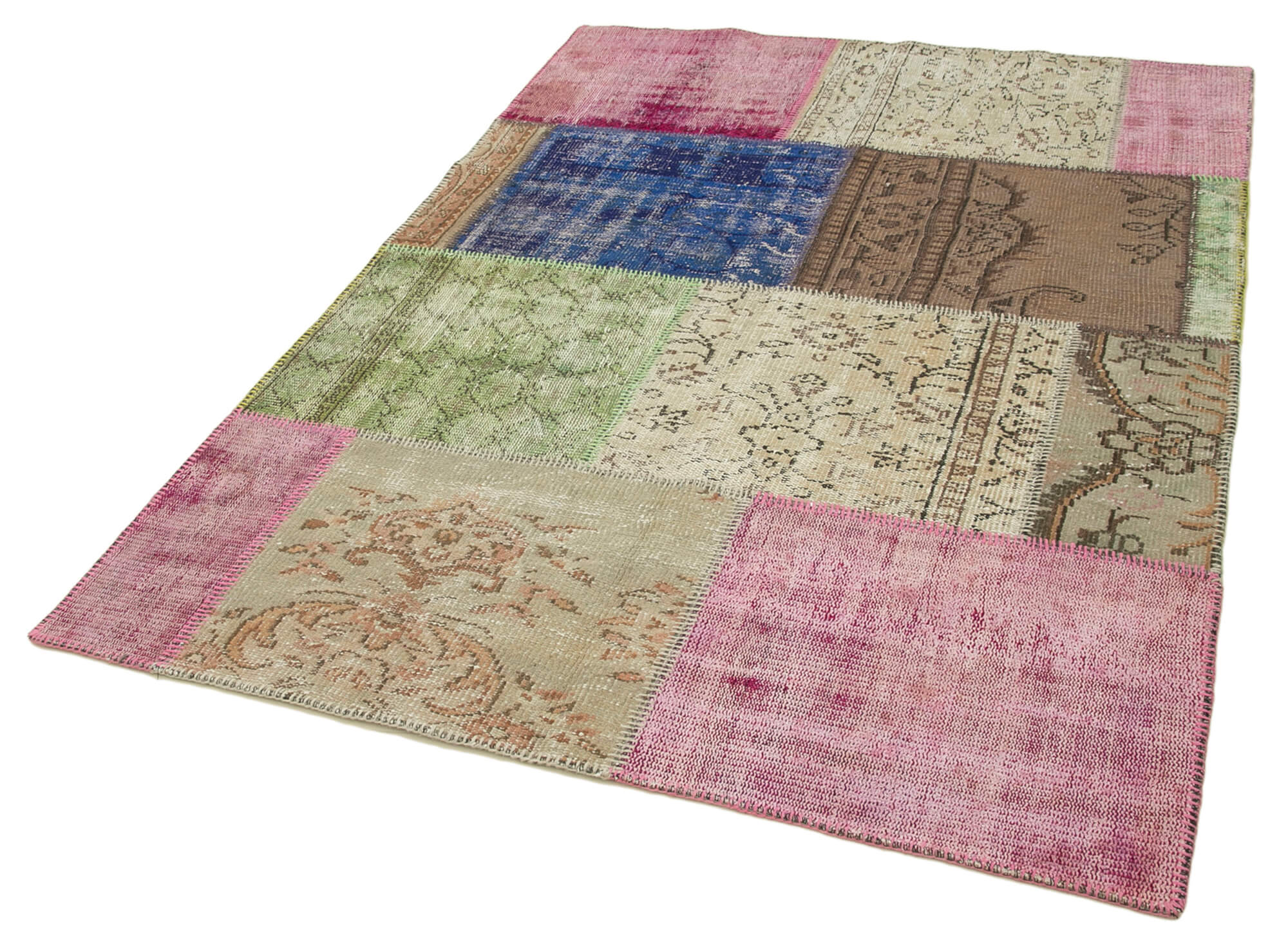 Handmade Area Rug – Blue Patchwork Wool Cotton Vintage Turkish Carpet 4'9''x6'8''