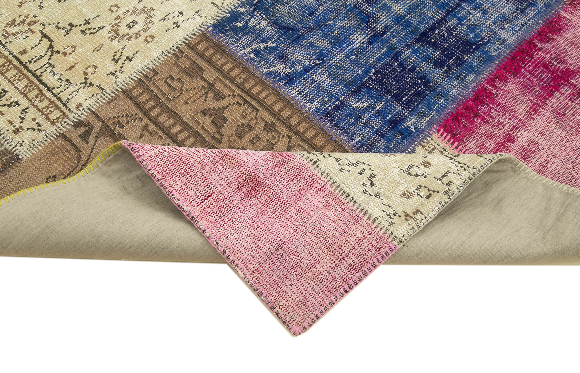 Handmade Area Rug – Blue Patchwork Wool Cotton Vintage Turkish Carpet 4'9''x6'8''
