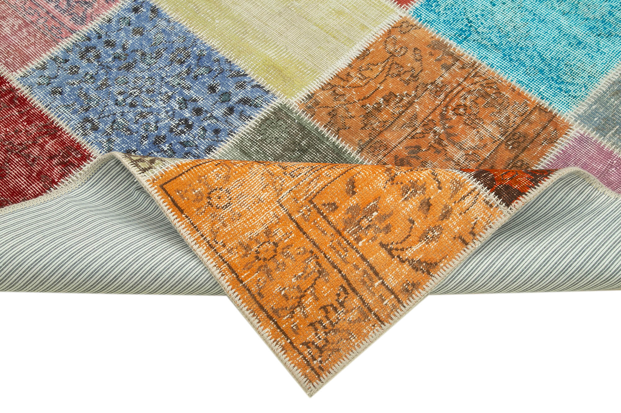 Handmade Patchwork Rug - Blue Area Rug Cotton Wool Vintage Handwoven Carpet 4'8''x6'9''