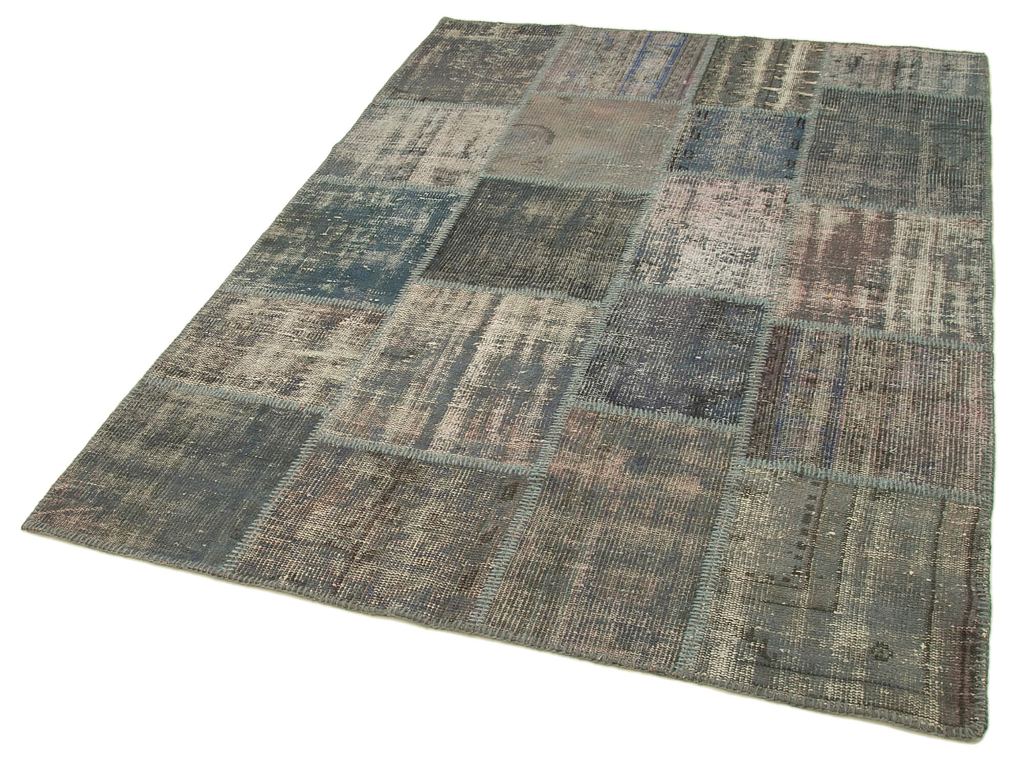 Handmade Area Rug – Grey Patchwork Cotton Wool Vintage Handwoven Carpet 4'11''x6'10''