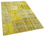 Handmade Patchwork Rug - Yellow Cotton Wool Rug, Vintage Turkish Carpet 4'0''x5'9''