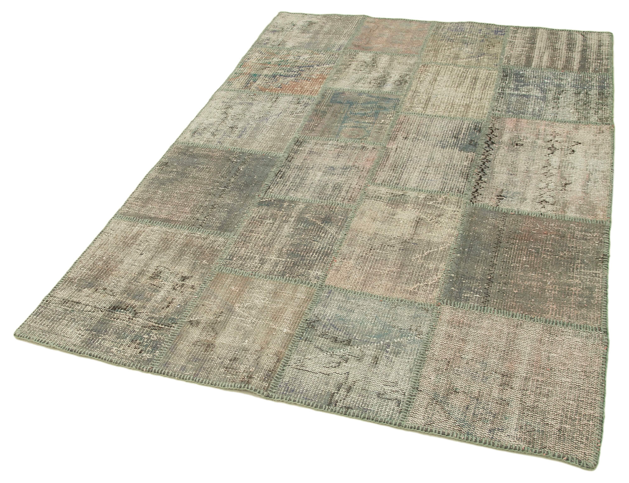 Handmade Area Rug - Kirk Yama Grey Patchwork Cotton Wool Vintage Carpet 4'7''x6'8''