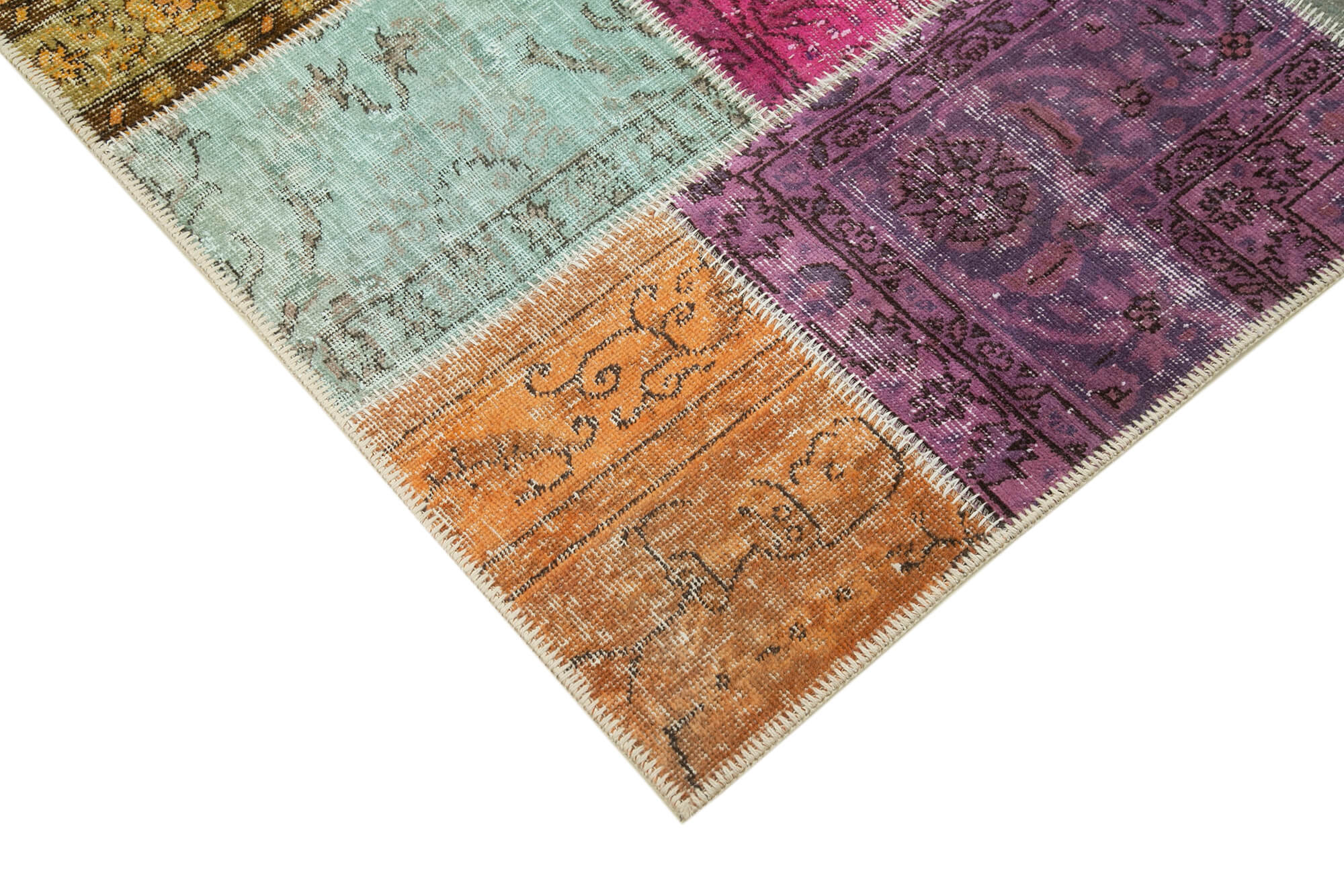 Handmade Area Rug - Blue Patchwork Cotton Wool Vintage Carpet 4'9''x6'10''