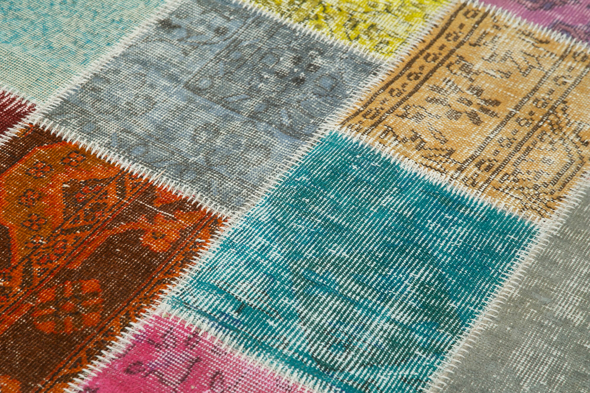 Handmade Area Rug - Blue Patchwork Cotton Wool Vintage Carpet 4'9''x6'10''