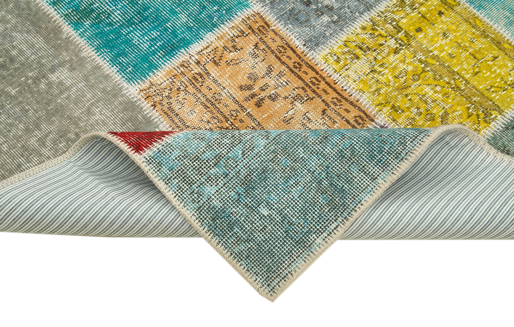 Handmade Area Rug - Blue Patchwork Cotton Wool Vintage Carpet 4'9''x6'10''